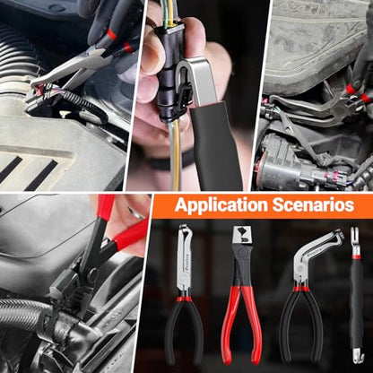 Preciva 5 Pcs Automotive Electrical Connector Disconnect Tool Kit,Wire Harness Release Pliers, Depin Tool & Hose Clamp Pliers Electric Plug Pliers for Cars, Automotive Wire Locking Push Tab - color: Black+red
