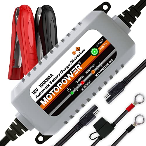 MOTOPOWER MP00205B 12V 1000mA Automatic Battery Charger, Battery Maintainer, Trickle Charger, and Battery Desulfator with Timer Protection - Grey - color: a) - Grey