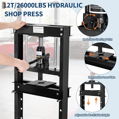 12T Hydraulic Press, Heavy-Duty h-Frame Garage Floor Hydraulic Shop Press - color: Black