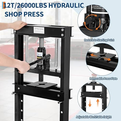 12T Hydraulic Press, Heavy-Duty h-Frame Garage Floor Hydraulic Shop Press - color: Black