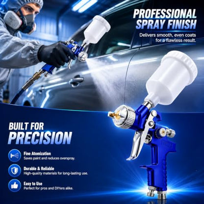 Mini HVLP Air Spray Gun Kit with 0.8mm & 1.0mm Nozzles, 125cc Cup for Automotive Touch Up & DIY Projects, Professional Paint Sprayer (0.8mm Nozzle)