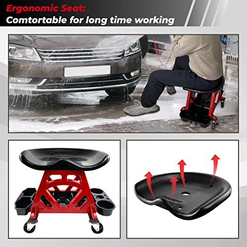 Durable Mechanic Stool Chair with Wheels, Heavy Duty Garage Shop Stool On Wheels, Rolling Stool Car Detailing Creeper Seat with Tool Tray for Workshop, Auto Repair Shop and Home