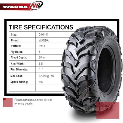 WANDA ATV Tire 24X8-11 24X8X11 6-Ply Solid Mud 20mm Tread, Set 2 … - size: 24X8-11