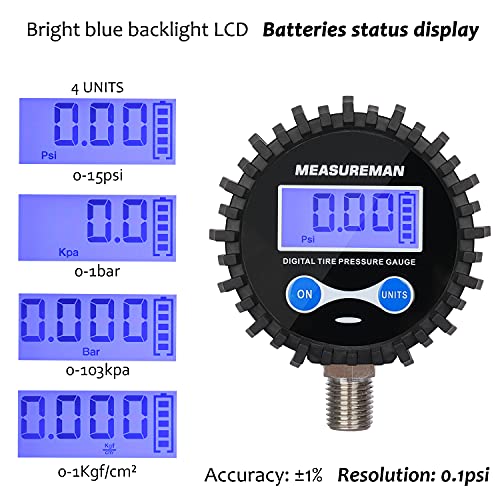 MEASUREMAN 2-1/2" Dial Size Digital Air Pressure Gauge with 1/4'' NPT Bottom Connector and Protective Boot, 0-15psi, Accuracy 1%, Battery Powered (Pack of 2) - size: Long thread (Pack of 2), style: 0-15psi