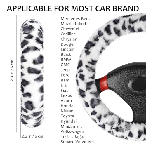 Accmor Fuzzy Car Steering Wheel Cover, Universal Fit Fur Auto Wheel Cover & Handbrake Cover & Gear Shift Cover Set, Leopard Winter Warm Fluffy Vehicle Wheel Protector Car Accessories for Men Women - color: White/Dark Gray Leopard