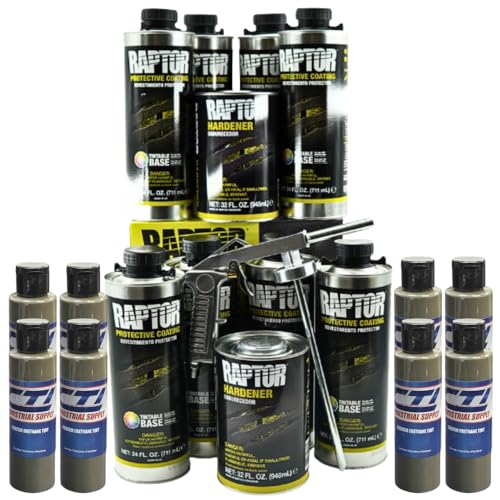Raptor Truck Bed Liner Kit with Colored WWII Olive Drab #34088 Tint and Spray Gun - 8 Liters - Protective Spray On Paint for Coating Trucks, Tailgates, Vehicle Undercoating - Tintable Bedliner Formula