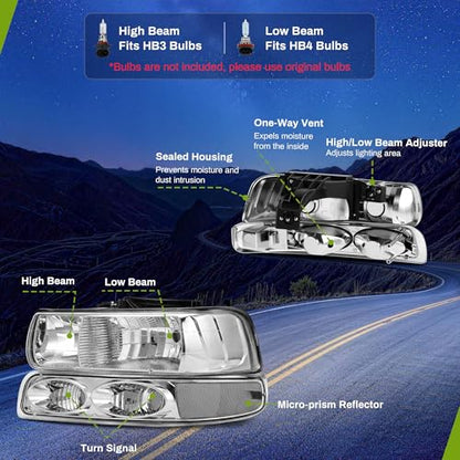 AUTOSAVER88 Headlights Compatible with 1999-2002 Silverado Chrome Housing - color: Chrome Clear