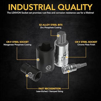 LEXIVON Master Torx Bit and Socket Set, Premium S2 Alloy & Cr-V Steel | 25-Piece, Bit Socket T8-T60 & E-Torx E4-E22 | Heavy-Duty Storage Case (LX-148) - style: Master Torx Bit Socket Set