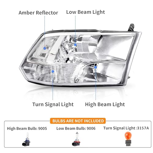 APSVE Clear Headlights Assembly Quad-Hole for 2009-2018 Dodge Ram 1500 - color: Chrome Housing Clear Reflector