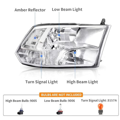 APSVE Clear Headlights Assembly Quad-Hole for 2009-2018 Dodge Ram 1500 - color: Chrome Housing Clear Reflector