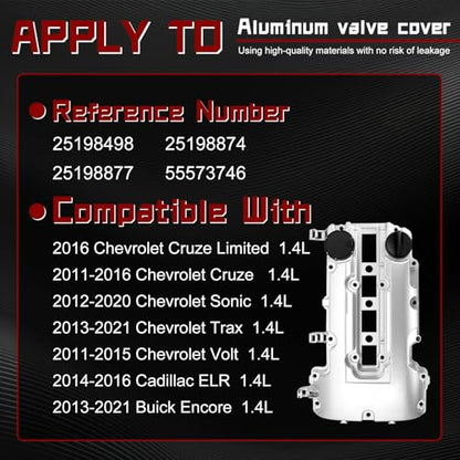 Upgraded Aluminum Engine Valve Cover with Gasket, Compatible with Chevy Cruze 2011-2016,Sonic 2012-2020,Trax 2013-2021,Volt 2011-2015&Buick Encore 2013-2021&Cadillac ELR 2014-2016, Replace# 55573746