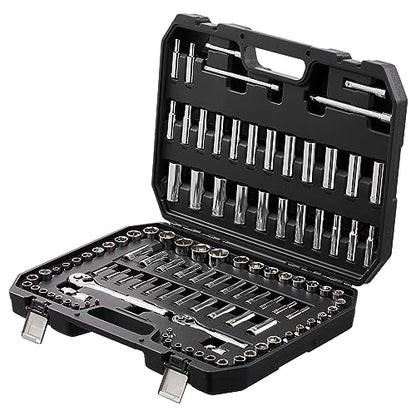 VEVOR Socket Set, 1/4" and 3/8" Drive Socket and Ratchet Set, 6-Point Socket Opening, 106 Pcs Tool Set SAE and Metric, Deep and Standard Sockets, 5/32-1 in, 5-19 mm, with Accessories, Storage Case - size: 106-PCS