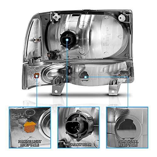 AmeriLite OE Chrome Replacement Headlights 4pcs Set w/Socket Bulb for 1999-04 Ford Excursion/Super Duty F250 F350 F450 F550 Truck - Passenger and Driver Side - color: Chrome