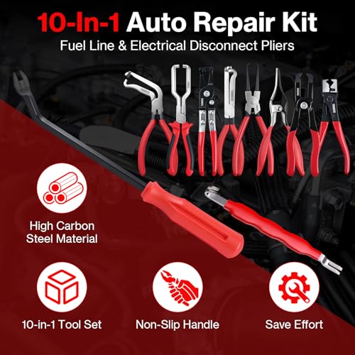 10 PCS Electrical Disconnect Pliers Fuel Line Disconnect Tool Kit, Hose Clamp Pliers Set with Snap Ring Pliers, Trim Removal Tools, Hose Removal Tool for Auto Repair - size: 10