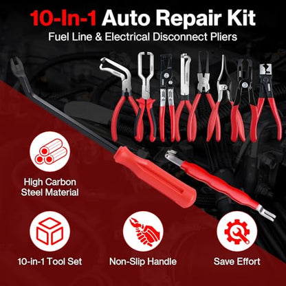 10 PCS Electrical Disconnect Pliers Fuel Line Disconnect Tool Kit, Hose Clamp Pliers Set with Snap Ring Pliers, Trim Removal Tools, Hose Removal Tool for Auto Repair - size: 10