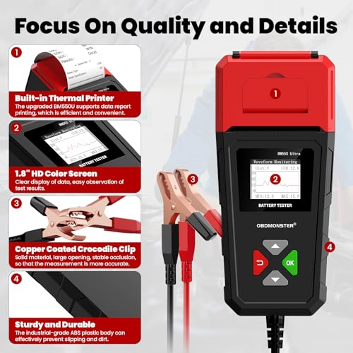 Car Battery Tester with Built-in Printer OBDMONSTER BM550U, 6V/12V/24V - color: Black+Red
