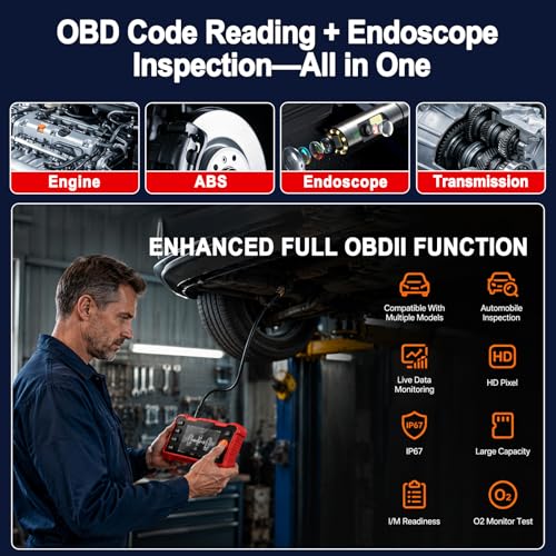 2-in-1 OBD2 Scanner & Endoscope Camera with Light, Universal Car Engine Fault Code Reader, Flexible Snake Borescope Inspection Camera, Multifunctional Automotive Mechanic Tool for Car Accessories