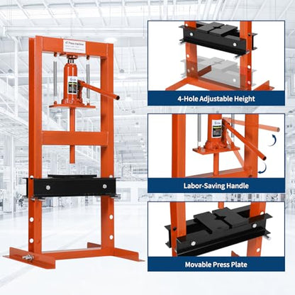 Heavy Duty 6 Ton Hydraulic H-Frame Shop Press, Adjustable Height - color: Orange|With Dust Cover|6T