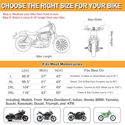 Heavy Duty Motorcycle Cover Waterproof Outdoor Universal Fit up to 92 Inch, All Season Protection for Kawasaki Z650 Ninja ZX-10R, Honda Rebel 500 CBR500R with See-Through License Panel