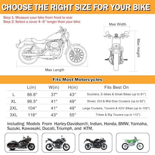 Heavy Duty Motorcycle Cover Waterproof Outdoor, Universal Fit with All Season Protection & Ventilation Vents for Harley Davidson, Indian, BMW Cruiser, Touring, ADV Storage up to 104 Inch