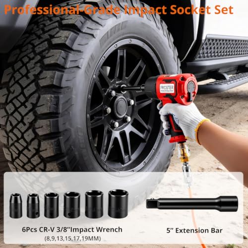 Proster 3/8" Air Impact Wrench 800ft-lb Torque 10000RPM 6pc CR-V Socket Kit - size: 3/8 Inch