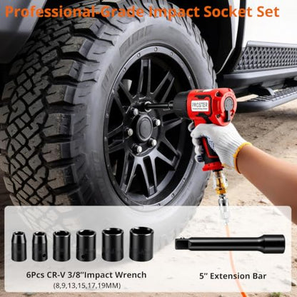 Proster 3/8" Air Impact Wrench 800ft-lb Torque 10000RPM 6pc CR-V Socket Kit - size: 3/8 Inch