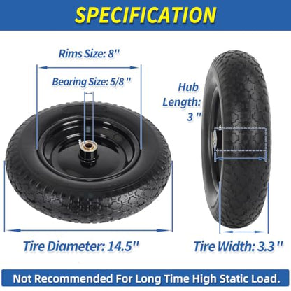 GICOOL 14.5" 3.50-8" Wheelbarrow Flat Free Tire and Wheel for Trolley Dolly - size: 3.50-8 (1 Pack)