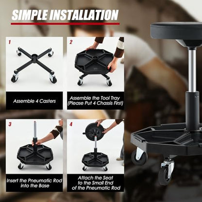 Goplus Mechanic Stool with Wheels, Magnetic Tool Tray, 330LBS Capacity - color: Black, size: Tool Tray