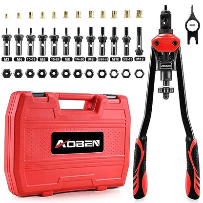 AOBEN 16" Rivet Nut Tool, Professional Hand Rivet Nut Setter Kit with 12 Interchangeable Metric & SAE Mandrels, 145Pcs Rivnuts and Rugged Carrying Case - size: 16" Rivet Nut Tool Kit