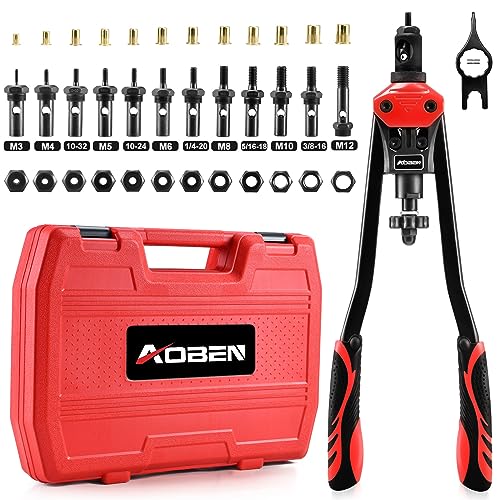 AOBEN 16" Rivet Nut Tool, Professional Hand Rivet Nut Setter Kit with 12 Interchangeable Metric & SAE Mandrels, 145Pcs Rivnuts and Rugged Carrying Case - size: 16" Rivet Nut Tool Kit