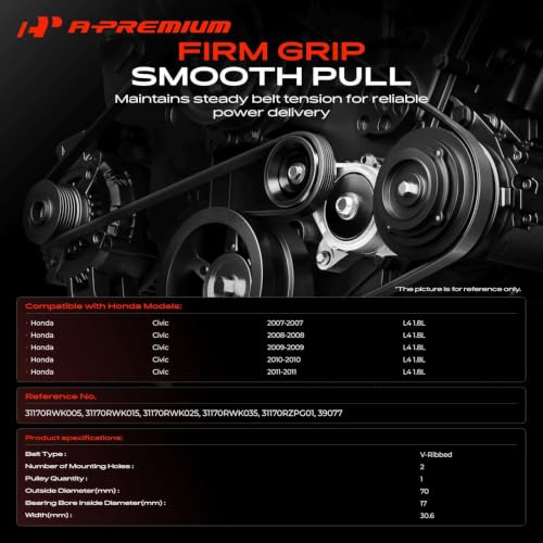A-Premium Belt Tensioner Assembly with Pulley Compatible with Honda - style: 2007-2011 Civic 1.8L