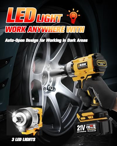 Urjoai Cordless Impact Wrench - 590Ft-lbs (800N.m) Brushless 1/2 inch, 3300RPM High Torque Impact Gun, 2x 4.0Ah Battery, Charger & 7 Sockets, Electric Impact Wrench for Car Home