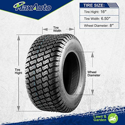 MaxAuto 2 Pcs 16x6.50-8 Lawn Mower Tire for Garden Tractors Riding Mowers, 4PR, Tubeless - size: 16X6.50-8