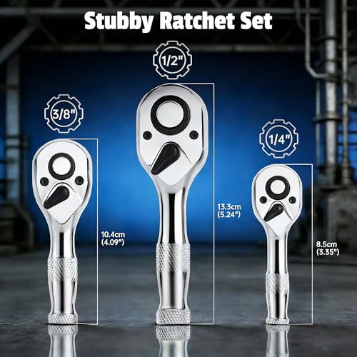 3-Piece Stubby Ratchet Set, 1/4", 3/8", 1/2", 72-Tooth