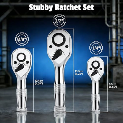 3-Piece Stubby Ratchet Set, 1/4", 3/8", 1/2", 72-Tooth
