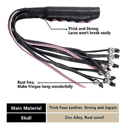 2PCS Faux Leather Motorcycle Lever Covers with Fringes, Motorcycle Brake Clutch Lever Covers Grip Tassels Motorcycle Handlebar Handle Grip Covers, Fringed Leather Lever Covers Wraps with Skulls - color: Black & Pink Laces*1 & Black Laces*1