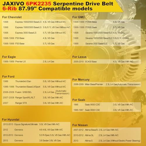 6PK2235 Serpentine Belt V-Ribbed Drive Belt for 05-10 SC430 4.3L,98 Express 1500/2500/3500 Without A/C,06-09 Fusion 2.3L,12-13 Equus/Genesis 5.0L,07-12 Altima 2.5L,Replace 1060880 - size: 6PK2235-2235mm