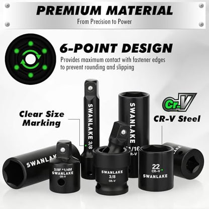 105-Piece 3/8" Drive Impact Socket Set, SAE (5/16 to 3/4 inch) and Metric (8-22mm) 6 Point CR-V Steel Socket Wrench Set, Extension Bars, Universal Joint, Ratchet Handle, Screwdriver Bit Mechanic Tool - style: 3/8'' 105PCS