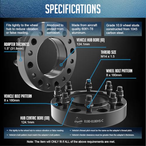 Wheel Accessories Parts 2 Pcs Steel Hub Centric Wheel Spacers 8 on 180mm 1.5 Inch Thick 124.1mm Hub M14x1.5 Thread Stud Fits Chevy Silverado GMC Sierra 2500 3500 Single Rear Wheel (SRW) - size: With Lip, style: 1.50" Steel (2 Pack)