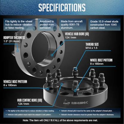 Wheel Accessories Parts 2 Pcs Steel Hub Centric Wheel Spacers 8 on 180mm 1.5 Inch Thick 124.1mm Hub M14x1.5 Thread Stud Fits Chevy Silverado GMC Sierra 2500 3500 Single Rear Wheel (SRW) - size: With Lip, style: 1.50" Steel (2 Pack)