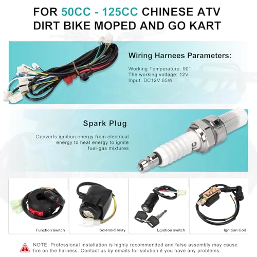 Complete Wiring Harness Kit for Tao tao 50cc 70cc 90cc 110cc 125cc ATV Quad Electric 4 Wheeler Stroke Parts Go Kart with 6-Pole Stator CDI Spark Plug Relay