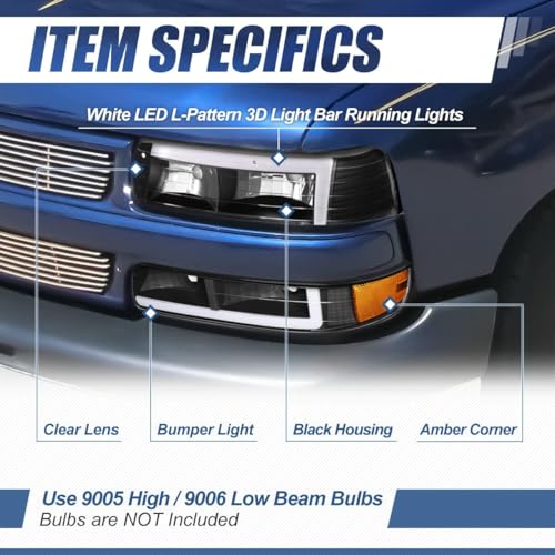 Auto Dynasty 3D LED DRL Headlights Assembly with Bumper Lamps Compatible with 99-06 Chevy Silverado Suburban 1500 2500 HD 3500 Tahoe, Pack of 4, Driver and Passenger Side, Black Amber - color: Black / Amber, size: LED Light Bar Style (Ver.3)