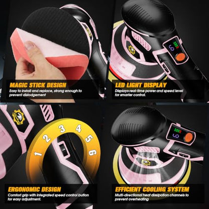 Cordless Car Buffer Polisher kit, DA Polisher with 2*21V Batteries - color: Pink