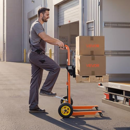 VEVOR Hydraulic Material Lift Winch Stacker, 450 lbs Load Capacity, Pallet Truck Dolly with Fork Lift Table, 39.4 Inches Max Lifting Height, Foldable & Portable Pallet Jack Table Cart, Orange & Black