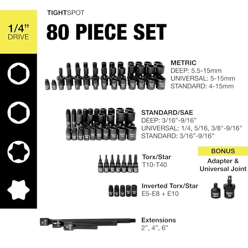 TIGHTSPOT 1/4" Drive 80pc Impact Socket MASTER SET, our Most Complete Set Ever with SAE & Metric from 3/16 Inch - 9/16 Inch, 4mm - 15mm, Standard/Deep/Universal & Torx & Inverted Torx Sockets & More - size: 1/4” Drive 80pc Impact Socket Set
