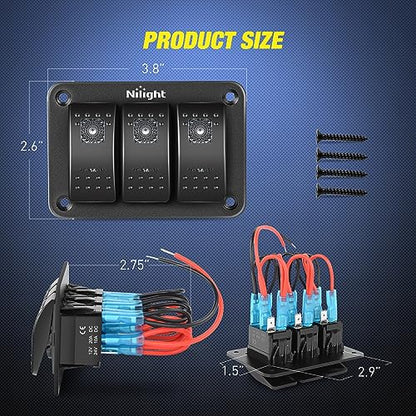Nilight 3 Gang Aluminum Rocker Switch Panel Pre-Wired - color: Purple, size: 3 Gang