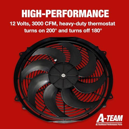 A-Team Performance Radiator Electric Cooling Fan - Electric Radiator Fan Kit for Cars - Reversible Push-Pull Assembly, 3000 CFM - Thermostat & Mounting Kit - 16 in, 12V, 8-Blade