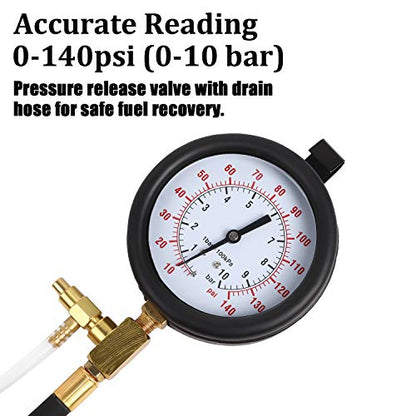 BETOOLL Pro Fuel Injection Pressure Tester Kit Gauge 0-140 PSI with 9.49,7.89,6.30 Fuel Line Fittings - size: Pro Fuel Pressure Tester Kit