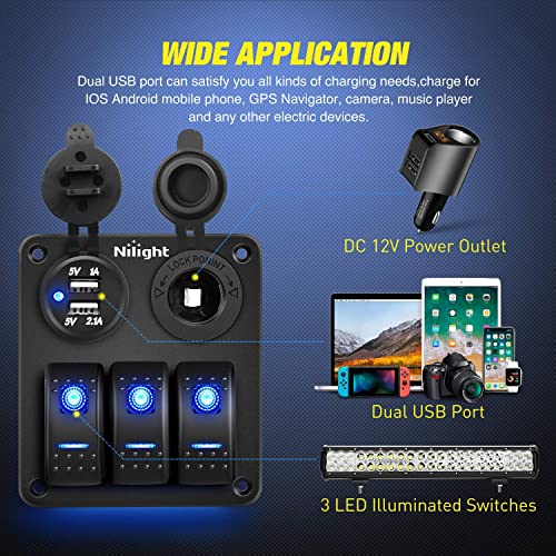 Nilight - 90115C 3 Gang Rocker Switch Panel Waterproof Pre-Wired Aluminum Switch Panel with Dual USB Charger Socket & Cigarette Lighter Socket 12V 24VDC ON Off Switch Panel for Cars Rvs Trucks