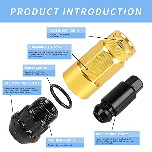 20PCS Closed End Lug Nuts M12X1.5 Wheel Rims Lug Nuts +Socket (Gold) - color: Gold